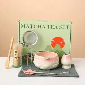 8pcs Cherry Blossom White Matcha Bowl with Matcha Whisk Set] Tea Set Includes Matcha Bowl with Spout