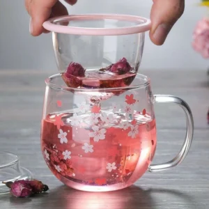 Sakura Mug Glass Mug With Tea Infuser Filter & Lid Cherry Blossoms Cup Set Blossoms Flower Teacup 300ML Glass
